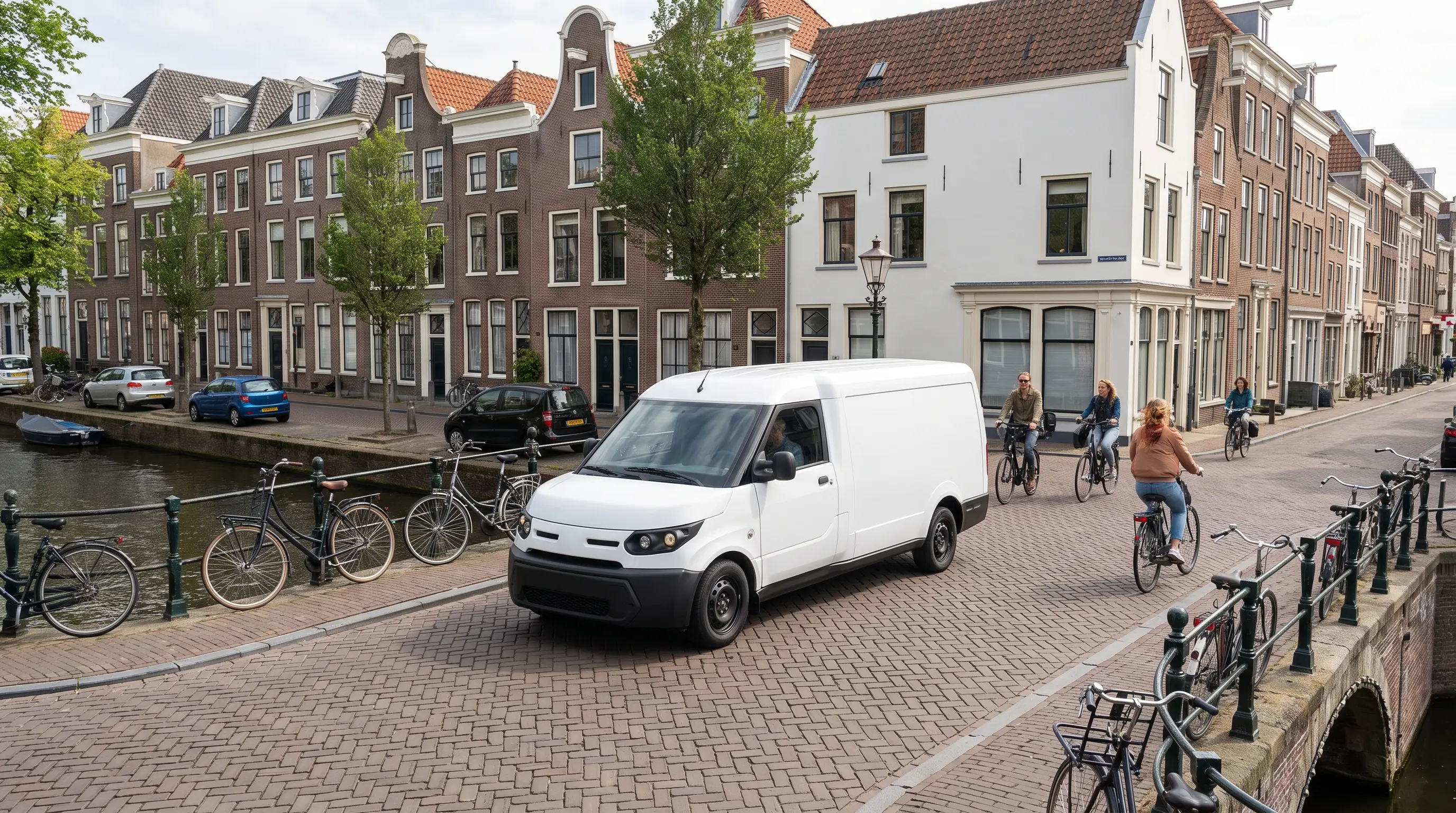Elektrische bestelbus in een binnenstad